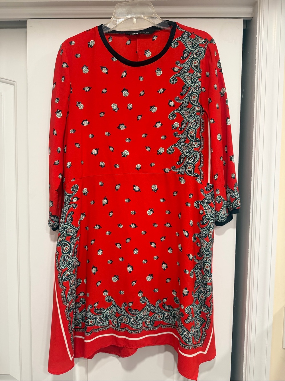 Zara Red Paisley-Border Long Sleeve Dress